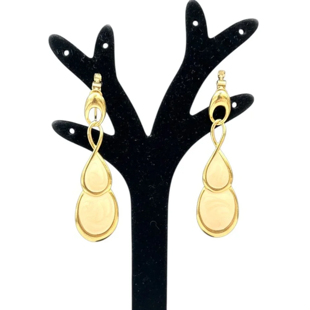 Napier Gold Tone Pink Swirl Enamel Teardrop Clip-On Earrings Vintage 1970s-80s - Picture 2 of 10